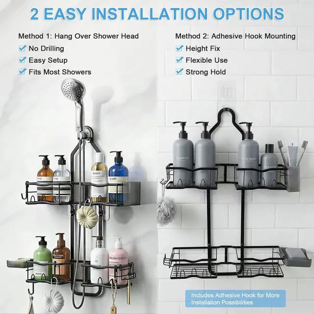 Alt view image 6 of 7 - Shower Caddy Hanging Organizer Over Showerhead, Rustproof Black