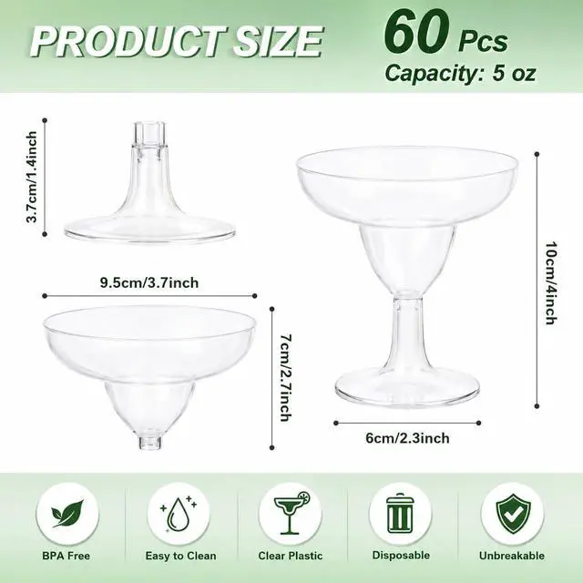 Alt view image 2 of 7 - 60 Pcs Plastic Margarita Glasses, 5 oz Clear Cocktail Glasses for Cinco de Mayo, Taco Party, and Mexican Decoration, Plastic Margarita Cups for Taco Bar Events Wedding Parties