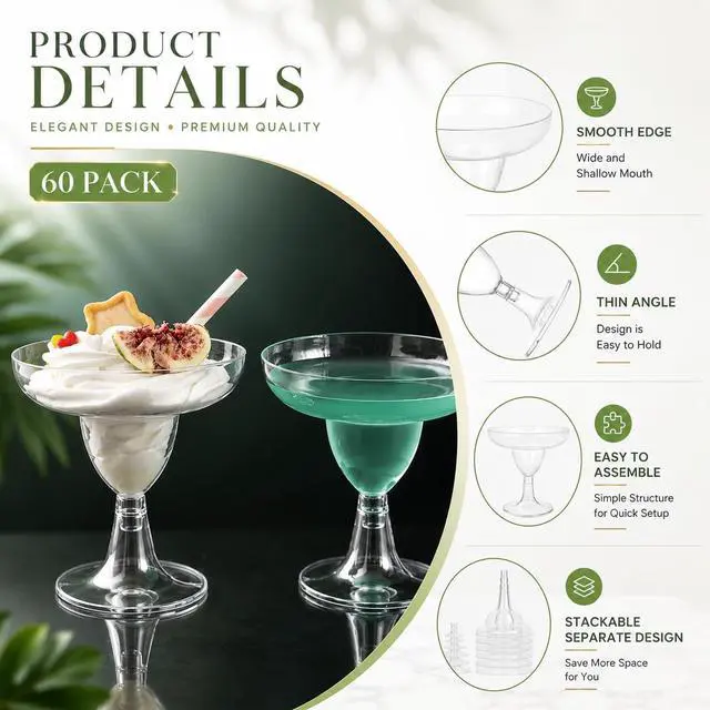 Alt view image 3 of 7 - 60 Pcs Plastic Margarita Glasses, 5 oz Clear Cocktail Glasses for Cinco de Mayo, Taco Party, and Mexican Decoration, Plastic Margarita Cups for Taco Bar Events Wedding Parties