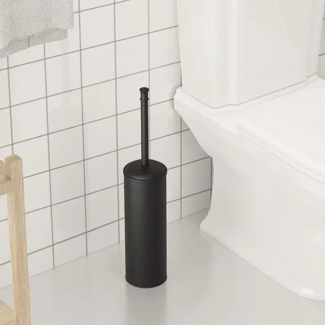 Alt view image 2 of 7 - Toilet Brush and Holder, Toilet Cleaner Bowl Set with Two Brush with Extra Long Handle, Durable Bristles Toilet Scrubber and Covered Holder, Drip-Proof Stainless Steel Matte Black