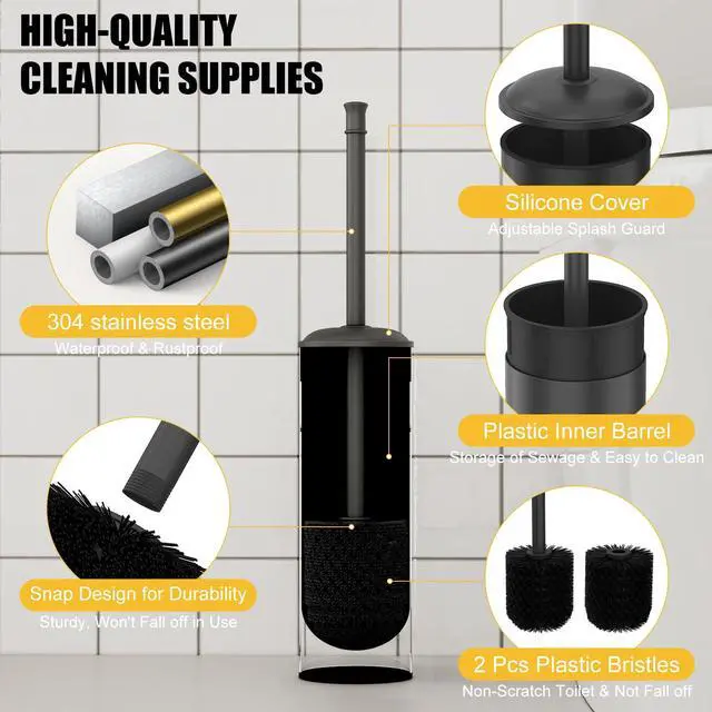 Alt view image 3 of 7 - Toilet Brush and Holder, Toilet Cleaner Bowl Set with Two Brush with Extra Long Handle, Durable Bristles Toilet Scrubber and Covered Holder, Drip-Proof Stainless Steel Matte Black