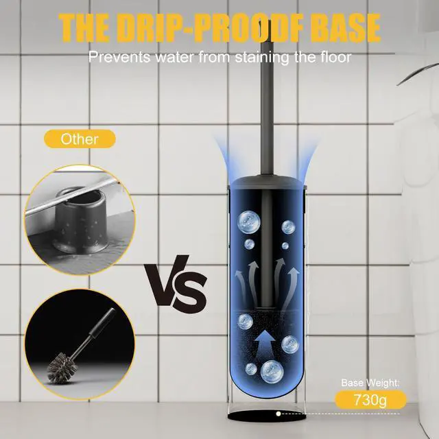 Alt view image 4 of 7 - Toilet Brush and Holder, Toilet Cleaner Bowl Set with Two Brush with Extra Long Handle, Durable Bristles Toilet Scrubber and Covered Holder, Drip-Proof Stainless Steel Matte Black
