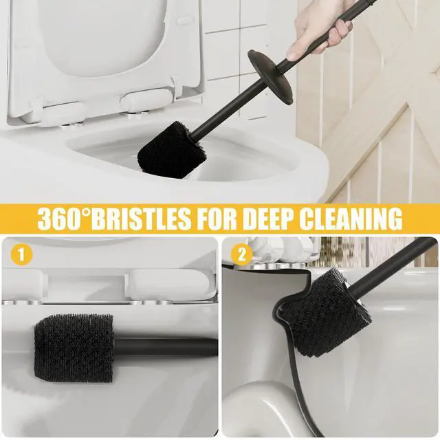 Alt view image 6 of 7 - Toilet Brush and Holder, Toilet Cleaner Bowl Set with Two Brush with Extra Long Handle, Durable Bristles Toilet Scrubber and Covered Holder, Drip-Proof Stainless Steel Matte Black