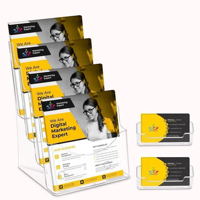 Main image of Acrylic Brochure Holder 8.5 x11, 4 Tier Clear Literature Magazine Stand with Removable Divider for 4 x 9 Pamphlet Display Brochure with Business Card Holders- Wall Mount & Countertop