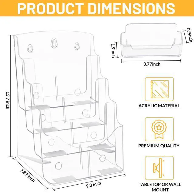Alt view image 2 of 6 - Acrylic Brochure Holder 8.5 x11, 4 Tier Clear Literature Magazine Stand with Removable Divider for 4 x 9 Pamphlet Display Brochure with Business Card Holders- Wall Mount & Countertop