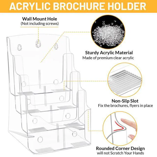 Alt view image 3 of 6 - Acrylic Brochure Holder 8.5 x11, 4 Tier Clear Literature Magazine Stand with Removable Divider for 4 x 9 Pamphlet Display Brochure with Business Card Holders- Wall Mount & Countertop