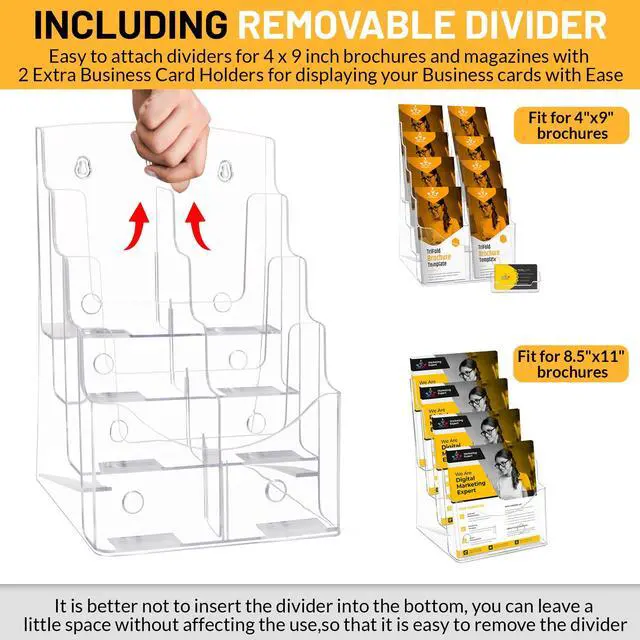Alt view image 4 of 6 - Acrylic Brochure Holder 8.5 x11, 4 Tier Clear Literature Magazine Stand with Removable Divider for 4 x 9 Pamphlet Display Brochure with Business Card Holders- Wall Mount & Countertop