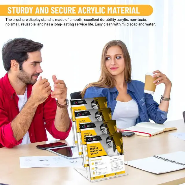 Alt view image 5 of 6 - Acrylic Brochure Holder 8.5 x11, 4 Tier Clear Literature Magazine Stand with Removable Divider for 4 x 9 Pamphlet Display Brochure with Business Card Holders- Wall Mount & Countertop