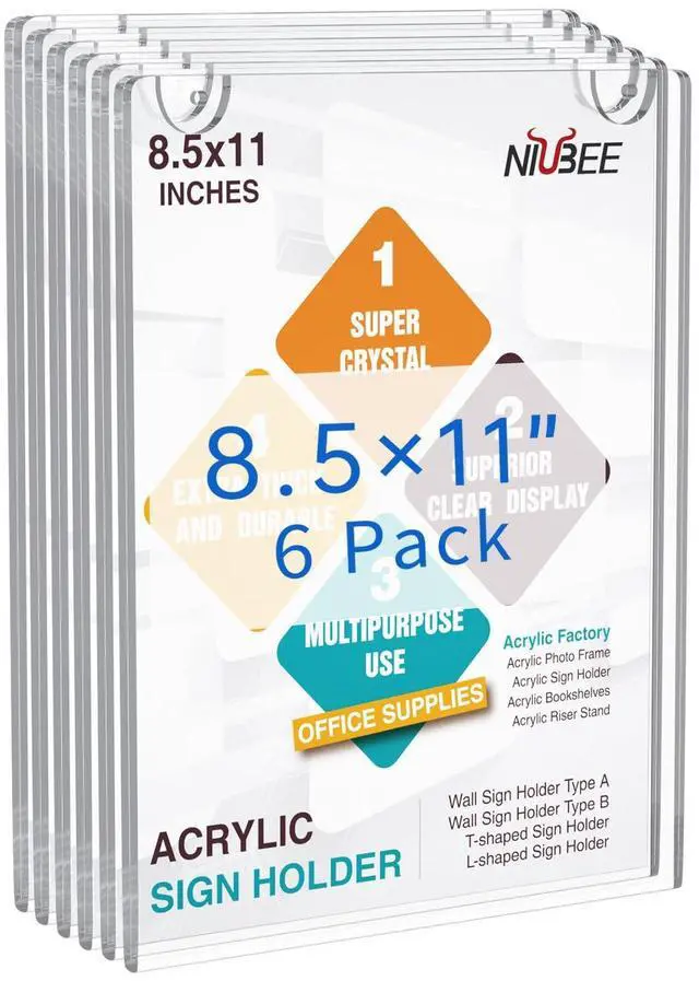 Main image of 6 Pack Acrylic Wall Sign Holder 8.5x11 Vertical, Clear Plastic Picture Frame, Wall Mounted Design, Support No Drilling(Provide 3M Tape and Screws)
