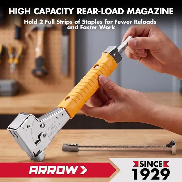 Alt view image 3 of 5 - Heavy Duty Hammer Tacker, Chromed-Steel Manual Stapler with Sure-Grip Handle, Dual-Capacity Rear-Load Magazine, Fits 5/16, 3/8", or 1/2" Staples