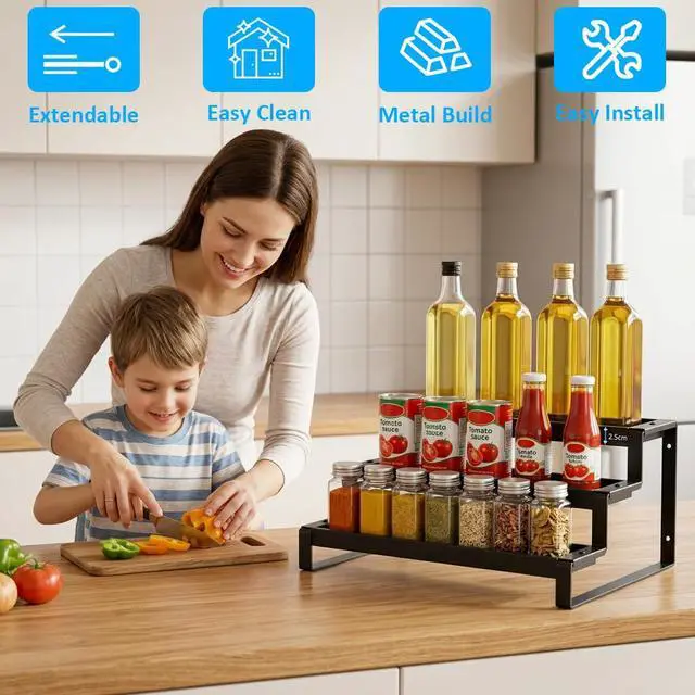 Alt view image 2 of 7 - Expandable Spice Rack Organizer for Cabinet, Metal Spice Organizer Adjustable Length, Seasoning & Pantry Organization Shelf 3-Tier, Non-Skid Step Shelf for Kitchen Cabinet, Pantry or Countertop