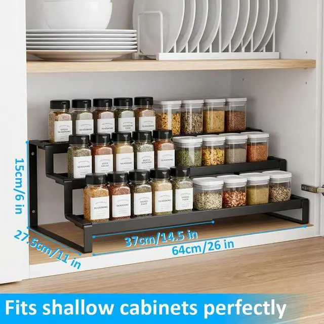 Alt view image 3 of 7 - Expandable Spice Rack Organizer for Cabinet, Metal Spice Organizer Adjustable Length, Seasoning & Pantry Organization Shelf 3-Tier, Non-Skid Step Shelf for Kitchen Cabinet, Pantry or Countertop