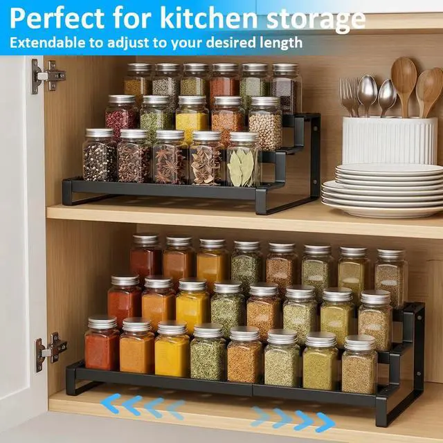 Alt view image 4 of 7 - Expandable Spice Rack Organizer for Cabinet, Metal Spice Organizer Adjustable Length, Seasoning & Pantry Organization Shelf 3-Tier, Non-Skid Step Shelf for Kitchen Cabinet, Pantry or Countertop