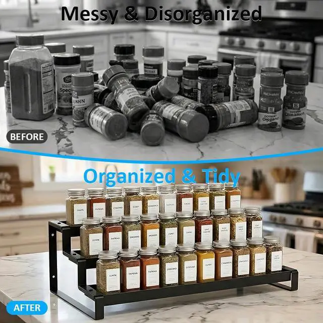 Alt view image 5 of 7 - Expandable Spice Rack Organizer for Cabinet, Metal Spice Organizer Adjustable Length, Seasoning & Pantry Organization Shelf 3-Tier, Non-Skid Step Shelf for Kitchen Cabinet, Pantry or Countertop