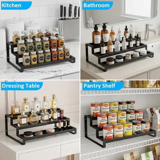 Alt view image 6 of 7 - Expandable Spice Rack Organizer for Cabinet, Metal Spice Organizer Adjustable Length, Seasoning & Pantry Organization Shelf 3-Tier, Non-Skid Step Shelf for Kitchen Cabinet, Pantry or Countertop