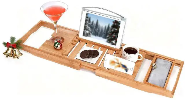 Main image of Bamboo Bathtub Caddy Tray Bath Tray for Tub, Adjustable Bathroom Bathtub Organizer with Book Tablet Wine Glass Cup Towel Holder