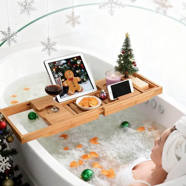 Alt view image 2 of 7 - Bamboo Bathtub Caddy Tray Bath Tray for Tub, Adjustable Bathroom Bathtub Organizer with Book Tablet Wine Glass Cup Towel Holder