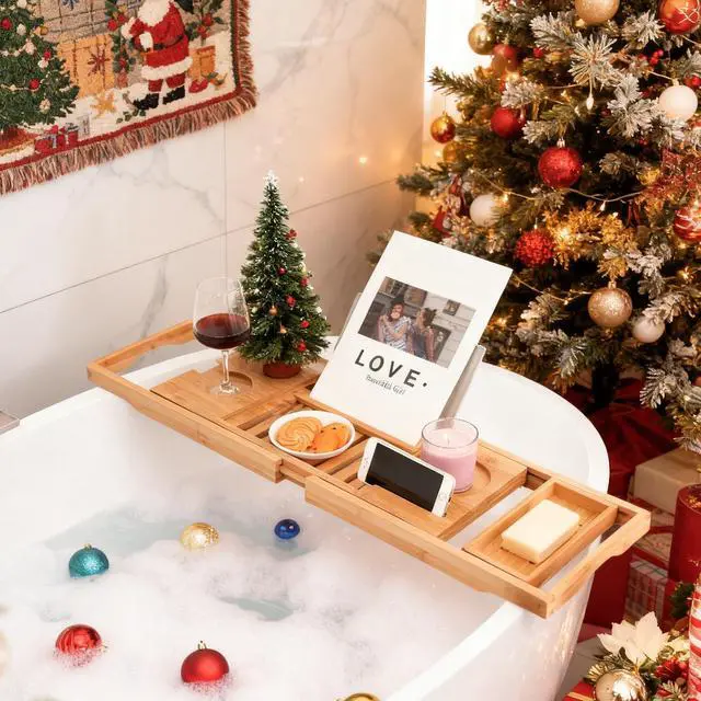 Alt view image 4 of 7 - Bamboo Bathtub Caddy Tray Bath Tray for Tub, Adjustable Bathroom Bathtub Organizer with Book Tablet Wine Glass Cup Towel Holder