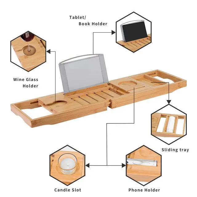 Alt view image 5 of 7 - Bamboo Bathtub Caddy Tray Bath Tray for Tub, Adjustable Bathroom Bathtub Organizer with Book Tablet Wine Glass Cup Towel Holder