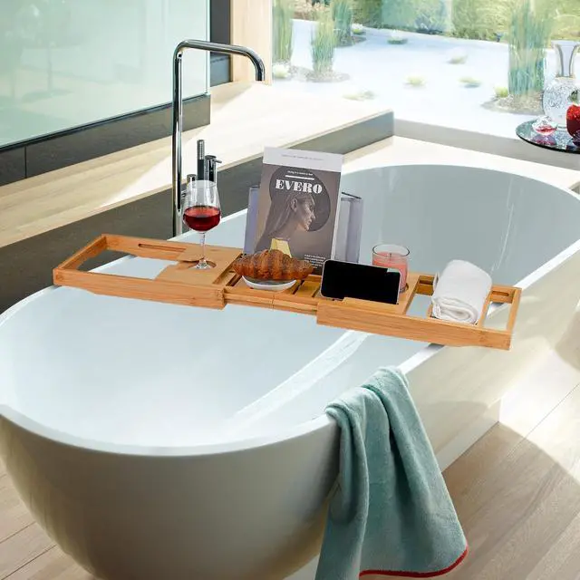 Alt view image 6 of 7 - Bamboo Bathtub Caddy Tray Bath Tray for Tub, Adjustable Bathroom Bathtub Organizer with Book Tablet Wine Glass Cup Towel Holder
