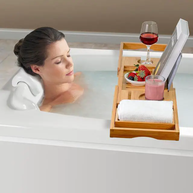 Alt view image 7 of 7 - Bamboo Bathtub Caddy Tray Bath Tray for Tub, Adjustable Bathroom Bathtub Organizer with Book Tablet Wine Glass Cup Towel Holder