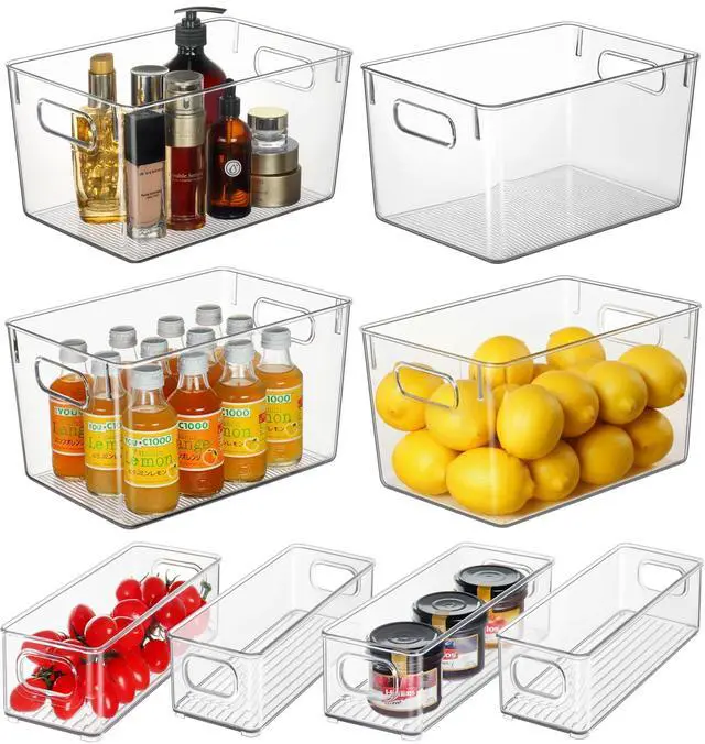 Main image of Set of 8 Clear Plastic Storage Bins 4 Large and 4 Small Stackable Storage Containers for Pantry Organizers and Kitchen Storage, Cabinet, Freezer, Under Sink Organization