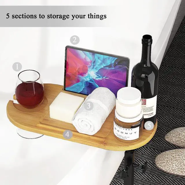 Alt view image 5 of 7 - Bamboo Bathtub Tray Table with Adjustable Height, Enhanced Stability, Freestanding Design for Spa,Bathtub, Bed, Sofa, Couch with Wine Glass Holder, Perfect for Luxury Bath Home Spa Gift