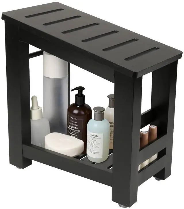 Main image of Bamboo Shower Foot Rest Stool for Shaving Legs & Pedicure, Non-Slip Bathroom Foot Step with Storage Pocket, Solid & Water-Resistant,Natural (Black)