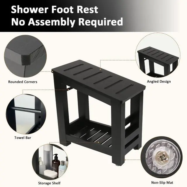 Alt view image 3 of 7 - Bamboo Shower Foot Rest Stool for Shaving Legs & Pedicure, Non-Slip Bathroom Foot Step with Storage Pocket, Solid & Water-Resistant,Natural (Black)