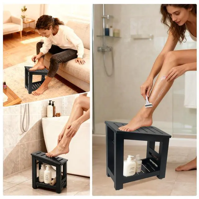 Alt view image 4 of 7 - Bamboo Shower Foot Rest Stool for Shaving Legs & Pedicure, Non-Slip Bathroom Foot Step with Storage Pocket, Solid & Water-Resistant,Natural (Black)