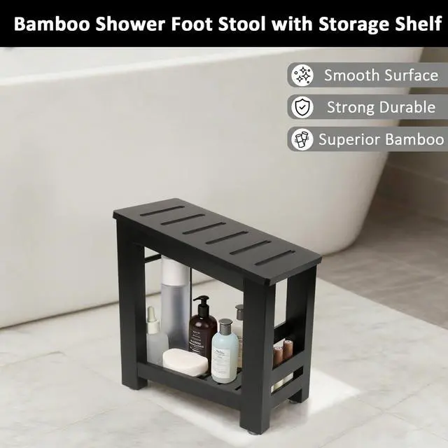 Alt view image 5 of 7 - Bamboo Shower Foot Rest Stool for Shaving Legs & Pedicure, Non-Slip Bathroom Foot Step with Storage Pocket, Solid & Water-Resistant,Natural (Black)