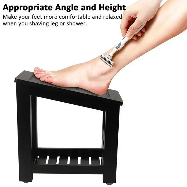 Alt view image 7 of 7 - Bamboo Shower Foot Rest Stool for Shaving Legs & Pedicure, Non-Slip Bathroom Foot Step with Storage Pocket, Solid & Water-Resistant,Natural (Black)