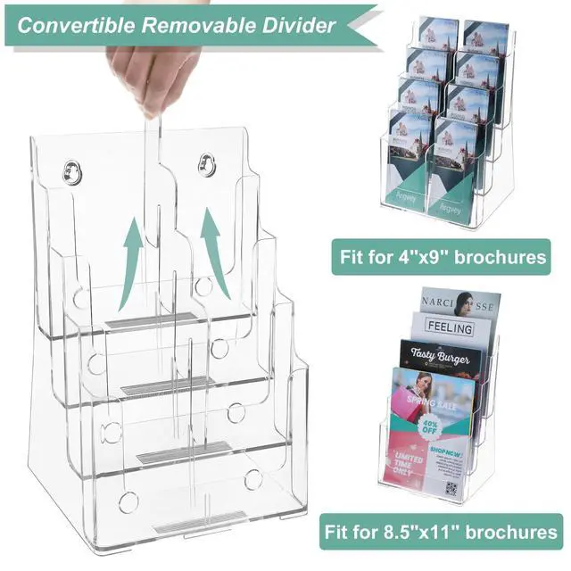 Alt view image 2 of 7 - Acrylic Brochure Holder 8.5 x 11 inches, 4 Tier Clear Brochure Display Stand with Removable Divider for Trifold 4 Inches Wide Pamphlet, Plastic Flyer Holder for Magazine, Literature, Booklet