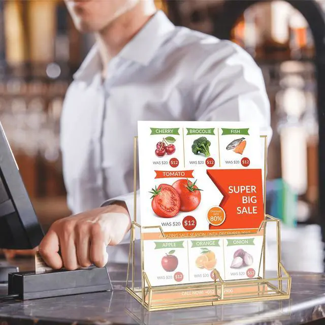 Alt view image 5 of 7 - Golden Glass Brochure Holder 8.5 x 11 Inches, Countertop Pamphlet Holder Display Stand with Business Card Holder, Trifold Flyer Holder, Clear Elegant Brochure Display Stand for Magazine Booklets
