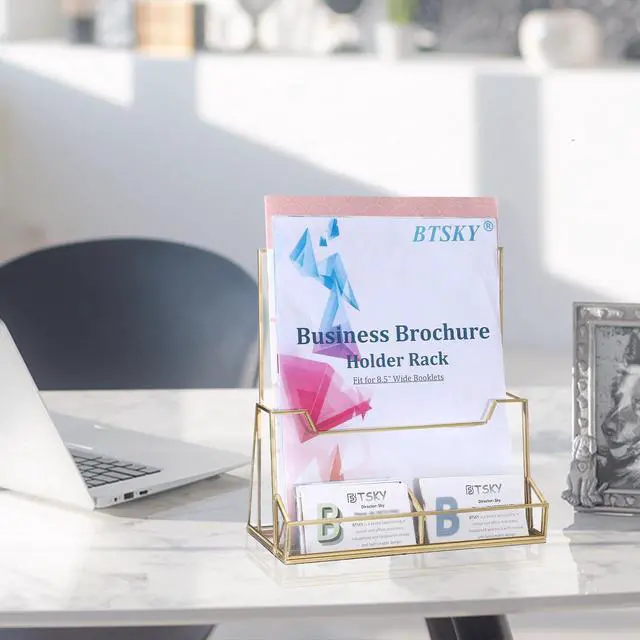 Alt view image 6 of 7 - Golden Glass Brochure Holder 8.5 x 11 Inches, Countertop Pamphlet Holder Display Stand with Business Card Holder, Trifold Flyer Holder, Clear Elegant Brochure Display Stand for Magazine Booklets