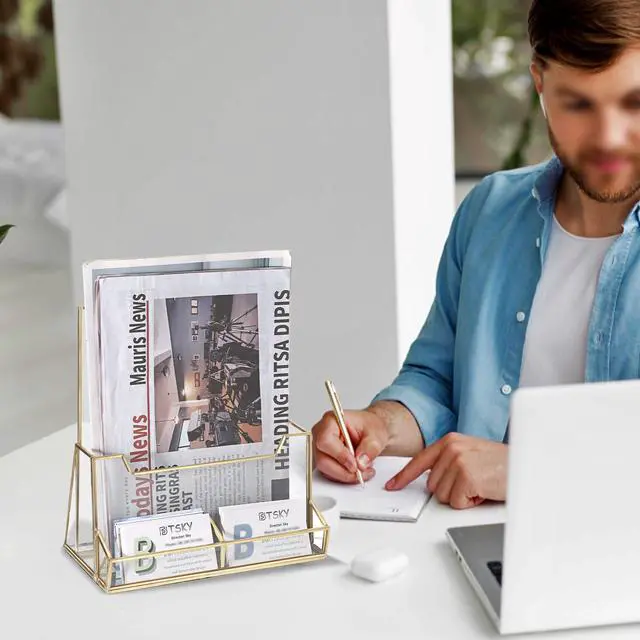 Alt view image 7 of 7 - Golden Glass Brochure Holder 8.5 x 11 Inches, Countertop Pamphlet Holder Display Stand with Business Card Holder, Trifold Flyer Holder, Clear Elegant Brochure Display Stand for Magazine Booklets