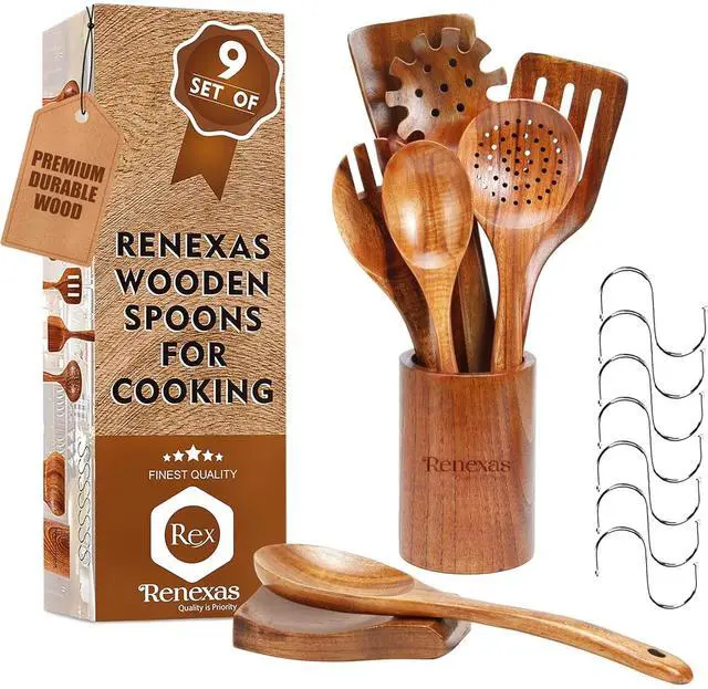 Main image of 9-Piece Teak Wooden Kitchen Utensil Set Nonstick Safe Cooking Spoons & Spatulas, Heat Resistant, Durable Natural Wood, Comfortable Grip Handles