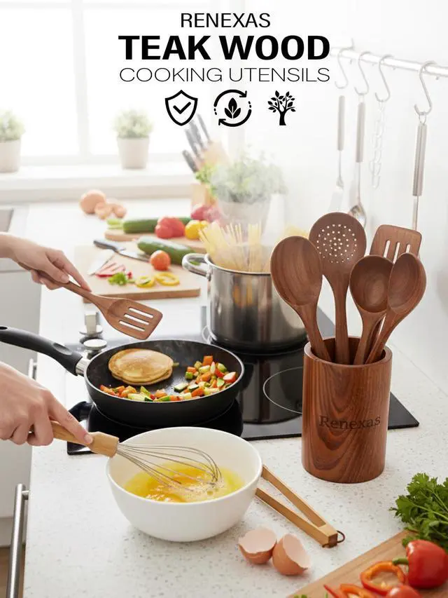 Alt view image 2 of 6 - 9-Piece Teak Wooden Kitchen Utensil Set Nonstick Safe Cooking Spoons & Spatulas, Heat Resistant, Durable Natural Wood, Comfortable Grip Handles