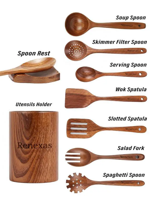 Alt view image 3 of 6 - 9-Piece Teak Wooden Kitchen Utensil Set Nonstick Safe Cooking Spoons & Spatulas, Heat Resistant, Durable Natural Wood, Comfortable Grip Handles