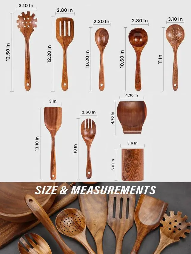 Alt view image 4 of 6 - 9-Piece Teak Wooden Kitchen Utensil Set Nonstick Safe Cooking Spoons & Spatulas, Heat Resistant, Durable Natural Wood, Comfortable Grip Handles