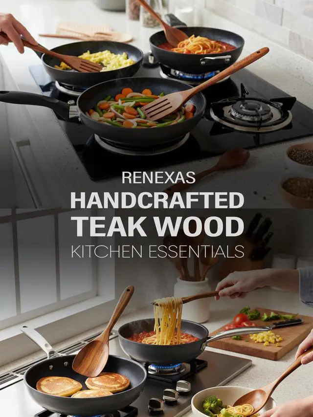 Alt view image 6 of 6 - 9-Piece Teak Wooden Kitchen Utensil Set Nonstick Safe Cooking Spoons & Spatulas, Heat Resistant, Durable Natural Wood, Comfortable Grip Handles