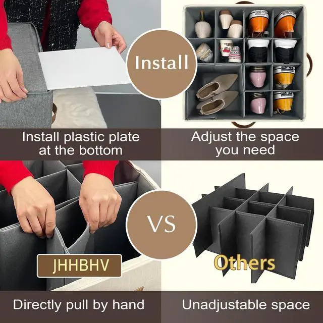 Alt view image 3 of 6 - 1 Pack Shoe Organizer for Closet, Adjustable Shoe Box Storage Containers, Large Foldable Shoe Bins with Clear Cover, Space Saving Shoes Holder with 4 Handles, Fits 8-16 Pairs, Beige