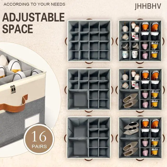 Alt view image 2 of 6 - 1 Pack Shoe Organizer for Closet, Adjustable Shoe Box Storage Containers, Large Foldable Shoe Bins with Clear Cover, Space Saving Shoes Holder with 4 Handles, Fits 8-16 Pairs, Beige