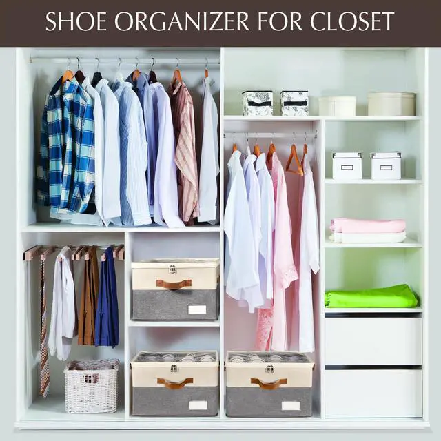 Alt view image 5 of 6 - 1 Pack Shoe Organizer for Closet, Adjustable Shoe Box Storage Containers, Large Foldable Shoe Bins with Clear Cover, Space Saving Shoes Holder with 4 Handles, Fits 8-16 Pairs, Beige