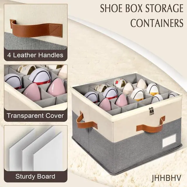 Alt view image 4 of 6 - 1 Pack Shoe Organizer for Closet, Adjustable Shoe Box Storage Containers, Large Foldable Shoe Bins with Clear Cover, Space Saving Shoes Holder with 4 Handles, Fits 8-16 Pairs, Beige