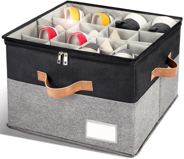 Main image of Shoe Organizer for Closet, Foldable Shoe Storage Bins with Clear Cover, Space Saving Shoes Holder with 4 Handles, Large Adjustable Shoe Box Storage Containers, Fits 8-16 Pairs, 1 Pack, Black