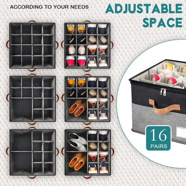 Alt view image 4 of 6 - Shoe Organizer for Closet, Foldable Shoe Storage Bins with Clear Cover, Space Saving Shoes Holder with 4 Handles, Large Adjustable Shoe Box Storage Containers, Fits 8-16 Pairs, 1 Pack, Black