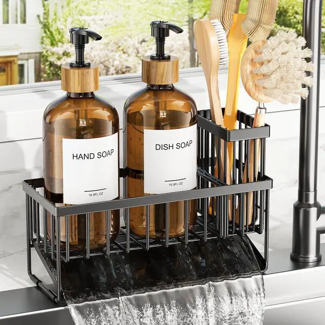 Main image of Kitchen Dish Soap Dispenser Set with 2 Pack 16.9oz Amber Glass Bottle and Sponge Holder, Dish Soap Dispensers with Adjustable Sponge Holder, Vintage Hand and Dish Soap Dispensers Set