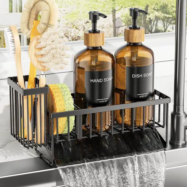 Alt view image 2 of 7 - Kitchen Dish Soap Dispenser Set with 2 Pack 16.9oz Amber Glass Bottle and Sponge Holder, Dish Soap Dispensers with Adjustable Sponge Holder, Vintage Hand and Dish Soap Dispensers Set