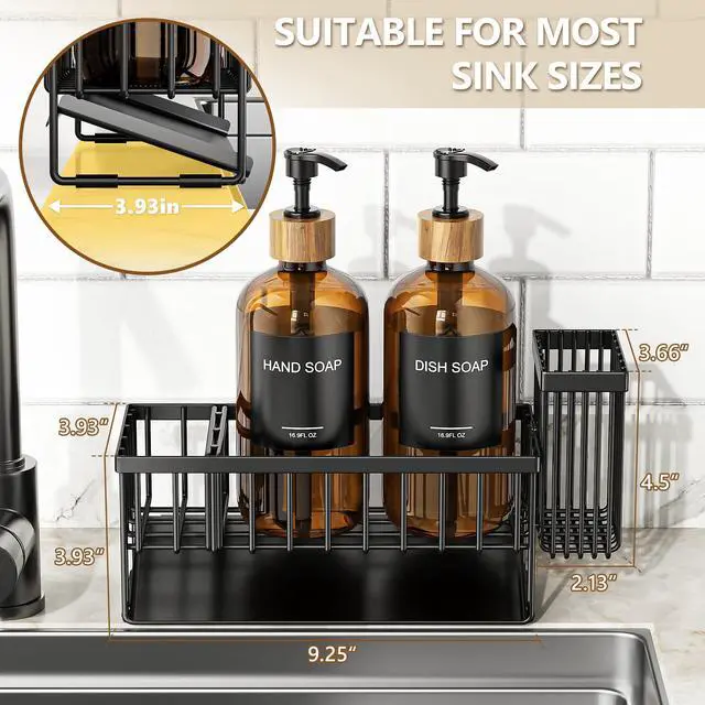 Alt view image 7 of 7 - Kitchen Dish Soap Dispenser Set with 2 Pack 16.9oz Amber Glass Bottle and Sponge Holder, Dish Soap Dispensers with Adjustable Sponge Holder, Vintage Hand and Dish Soap Dispensers Set